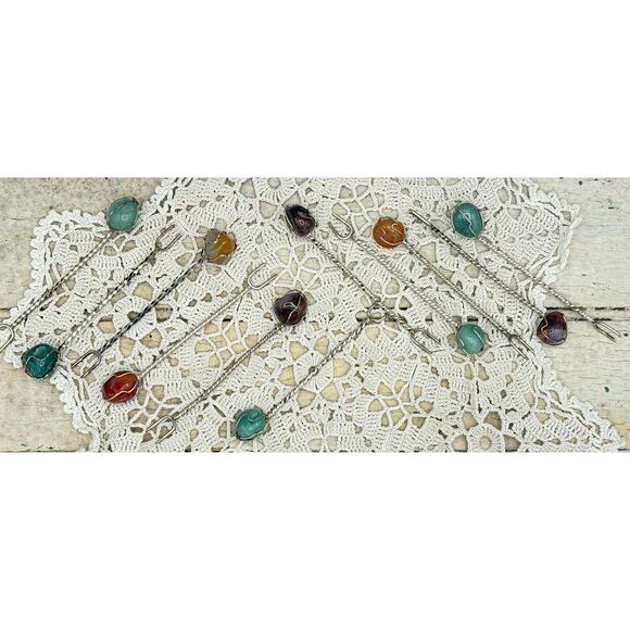 Brazilian Silver Twisted Semi-Precious Stone Appetizer Cocktail Forks 50s - Picture 3 of 6